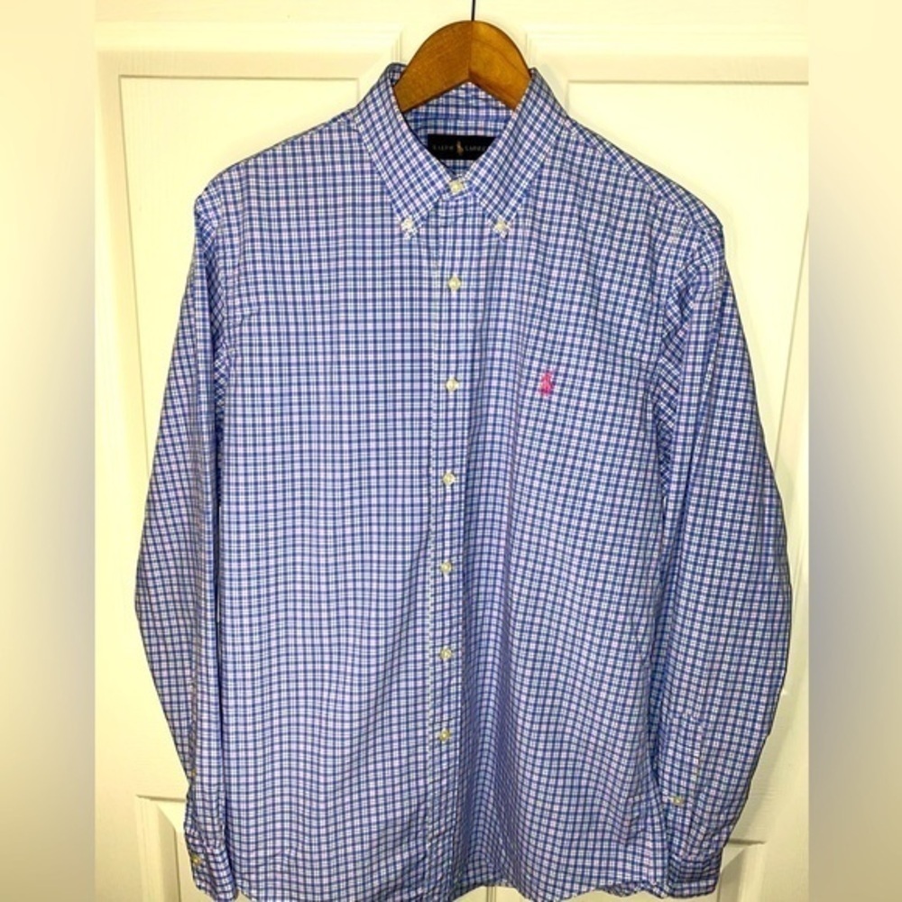 Ralph Lauren Blue and Pink Checkered Button Down Shirt, Men’s Size L, Casual
